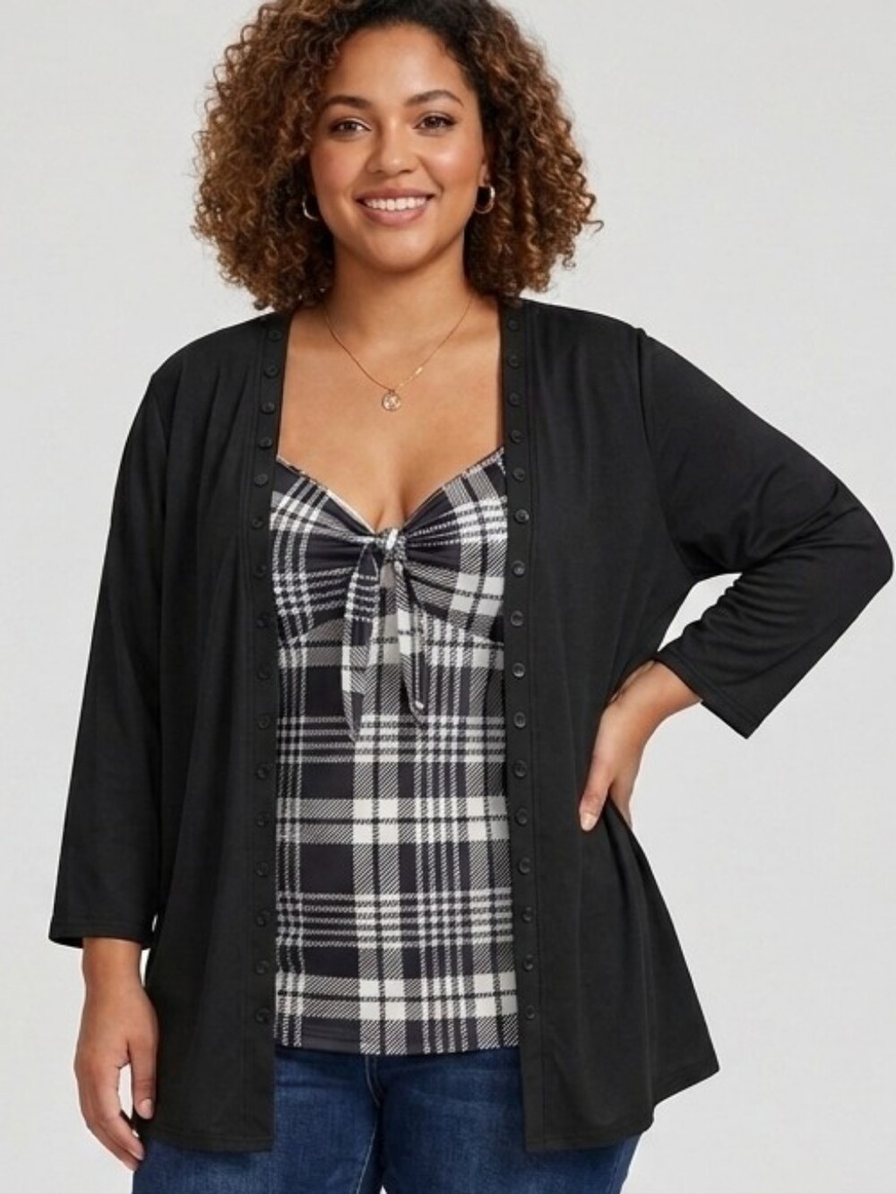 FlyCurvy One Piece Black Open-Front Faux Cardigan with Black & White Plaid